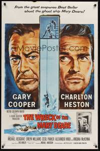 2h985 WRECK OF THE MARY DEARE 1sh '59 super close artwork of Gary Cooper & Charlton Heston!