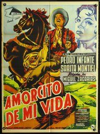 2j076 EL ENAMORADO Mexican poster R50s art of Infante w/guns on rearing horse + sexy Montiel!