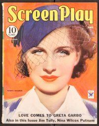 2k055 SCREEN PLAY magazine April 1934 artwork portrait of Norma Shearer wearing veiled hat!