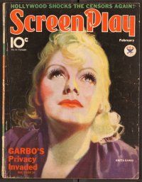 2k053 SCREEN PLAY magazine February 1934 artwork portrait of pensive Greta Garbo!