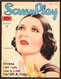 2k062 SCREEN PLAY magazine November 1934 wonderful art of beautiful Kay Francis by Al Wilson!