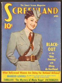 2k078 SCREENLAND magazine April 1942 smiling Olivia de Havilland in uniform by Scotty Welbourne!