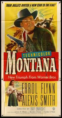 2s493 MONTANA 3sh '50 artwork of cowboy Errol Flynn holding gun, Alexis Smith