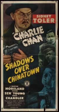 2s571 SHADOWS OVER CHINATOWN 3sh '46 cool art of Sidney Toler as detective Charlie Chan!