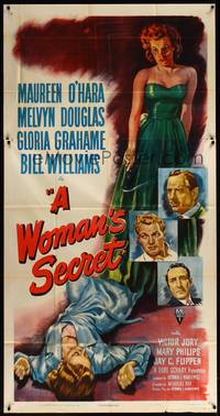 2s654 WOMAN'S SECRET style A 3sh '49 best art of Maureen O'Hara w/smoking gun in Nicholas Ray noir!