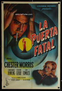 2s101 BLIND SPOT Argentinean '47 art of worried smoking Chester Morris & terrified girl, film noir