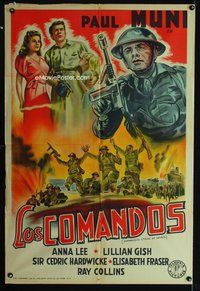 2s108 COMMANDOS STRIKE AT DAWN Argentinean '42 art of soldier Paul Muni with machine gun!