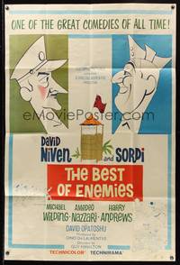 2t404 BEST OF ENEMIES 40x60 '62 great cartoon art of WWII soldiers David Niven & Alberto Sordi!