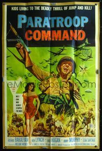 2t437 PARATROOP COMMAND 40x60 '59 WWII sky-diving, cool art of soldiers & sexy Carolyn Hughes!