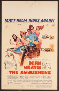 2t074 AMBUSHERS WC '67 art of Dean Martin as Matt Helm with sexy Slaygirls on motorcycle!