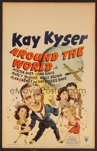 2t084 AROUND THE WORLD WC '43 cool cartoon art of Kay Kyser & top stars with plane & globe!