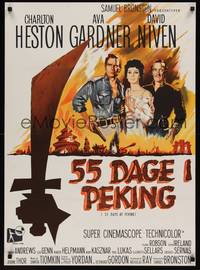 2w480 55 DAYS AT PEKING Danish '63 different art of Charlton Heston, Ava Gardner & David Niven!
