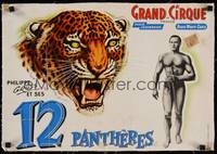 2z205 GRAND CIRQUE DE FRANCE linen French circus poster '50s Philippe Gruss & his 12 panthers!