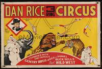 2z207 DAN RICE 3 RING CIRCUS linen circus poster '36 art of clowns, trapeze, lion, tiger & elephant!