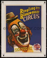 2z210 RINGLING BROS & BARNUM & BAILEY CIRCUS linen circus poster 1950s best clown close up!