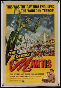 2z290 DEADLY MANTIS linen 1sh '57 art of soldiers attacking giant insect by Ken Sawyer