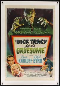 2z293 DICK TRACY MEETS GRUESOME linen 1sh '47 great artwork of Boris Karloff looming over title!