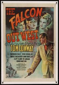 2z300 FALCON OUT WEST linen 1sh '44 great art of Tom Conway as The Falcon w/pretty women!