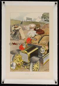 2z203 MOTO-FUITE linen French 16x25 1902 art of man & woman with car by Georges Meunier!
