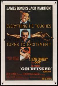 2z321 GOLDFINGER linen 1sh '64 3 great images of Sean Connery as James Bond + golden Shirley Eaton!