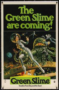 2z331 GREEN SLIME linen 1sh '69 classic cheesy sci-fi movie, great art of sexy astronaut & monster!