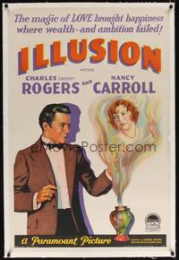 2z343 ILLUSION linen style B 1sh '29 art of Buddy Rogers conjuring image of Nancy Carroll from vase!