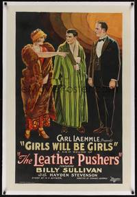 2z315 GIRLS WILL BE GIRLS linen 1sh '24 Leather Pushers, great stone litho of boxer & sexy flapper!