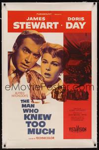 2z367 MAN WHO KNEW TOO MUCH linen 1sh '56 Alfred Hitchcock, husband & wife Jimmy Stewart & Doris Day