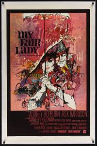 2z377 MY FAIR LADY linen 1sh '64 classic art of Audrey Hepburn & Rex Harrison by Bob Peak!