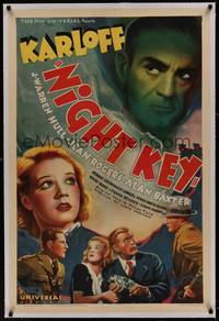 2z381 NIGHT KEY linen 1sh '37 artwork of top cast with spooky Boris Karloff looming overhead!