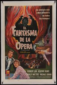 2z394 PHANTOM OF THE OPERA linen Spanish/U.S. 1sh '62 Hammer horror, Herbert Lom, cool different art!