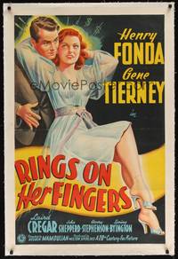 2z412 RINGS ON HER FINGERS linen 1sh '42 full-length stone litho of sexy Gene Tierney & Henry Fonda!