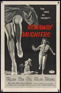 2z414 RUNAWAY DAUGHTERS linen 1sh '56 cool art of AIP bad girls, they called Marla English jailbait!
