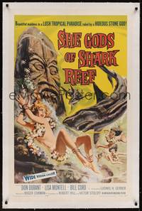 2z421 SHE GODS OF SHARK REEF linen 1sh '58 Roger Corman, wonderful art of naked swimmers & sharks!