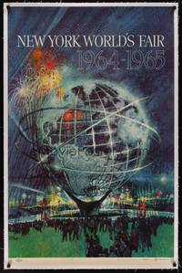 2z220 NEW YORK WORLD'S FAIR linen special 28x43 '64 art of the Unisphere & fireworks by Bob Peak!