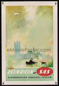 2z196 LONDON BY SAS linen Danish travel poster '55 art of airplane over landmarks by Otto Nielsen!