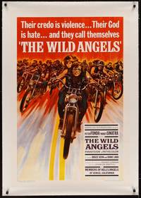 2z455 WILD ANGELS linen 1sh '66 classic art of biker Peter Fonda & sexy Nancy Sinatra on motorcycle!