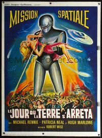 3a069 DAY THE EARTH STOOD STILL linen French 1p R60s different art of Gort holding sexy girl!