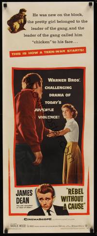 3a138 REBEL WITHOUT A CAUSE insert '55 Nicholas Ray, James Dean was a bad boy from a good family!