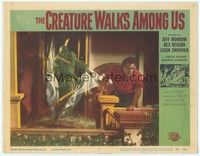 3a297 CREATURE WALKS AMONG US LC #5 '56 monster crashes through glass door to get at guy!