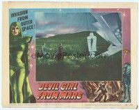 3a301 DEVIL GIRL FROM MARS LC #4 '55 Patricia Laffan & man approaching robot by spaceship!