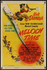 3a038 MELODY TIME style A 1sh '48 Walt Disney, cool cartoon art of Pecos Bill, Little Toot & more!
