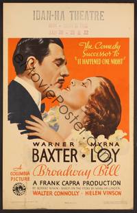 3a153 BROADWAY BILL WC '34 Frank Capra horse racing comedy, art of Warner Baxter & Myrna Loy!
