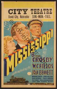 3a170 MISSISSIPPI WC '35 art of Bing Crosby, Joan Bennett, W.C. Fields with cigar & riverboat!