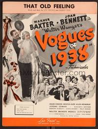 3b855 VOGUES OF 1938 sheet music '37 Warner Baxter & pretty Joan Bennett, That Old Feeling!