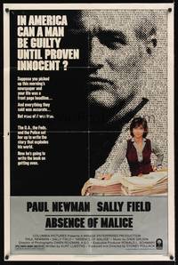 3c015 ABSENCE OF MALICE 1sh '81 Paul Newman, Sally Field, Sydney Pollack, cool design!