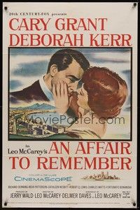 3c021 AFFAIR TO REMEMBER 1sh '57 romantic close-up art of Cary Grant about to kiss Deborah Kerr!