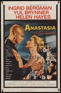 3c040 ANASTASIA 1sh '56 great romantic close up of Ingrid Bergman & Yul Brynner!