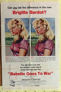 3c064 BABETTE GOES TO WAR 1sh '60 sexy art of soldier Brigitte Bardot, can you tell the difference