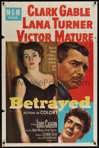 3c091 BETRAYED 1sh '54 art of Clark Gable, Victor Mature & sexy brunette Lana Turner!